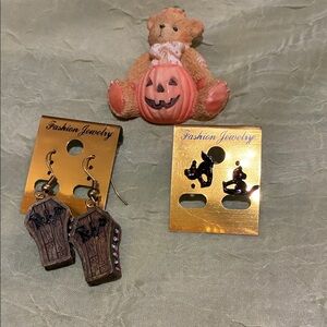 Halloween Coffin Earrings, black cat earrings & Pumpkin Bear Brooch